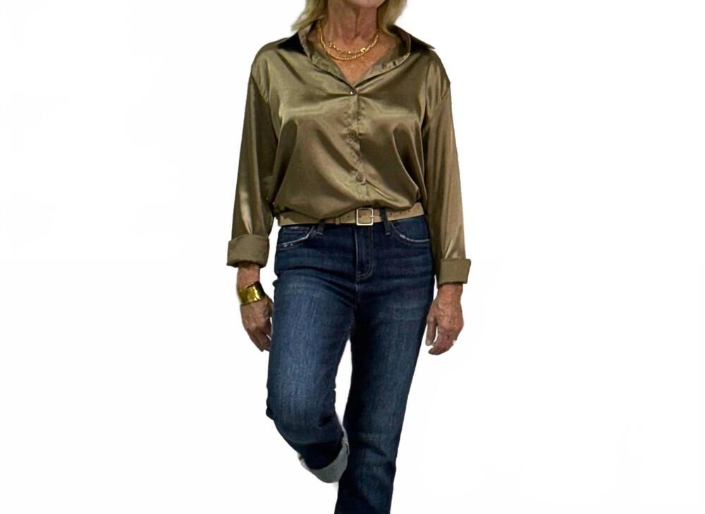 NEW ROSA CLOTHING the reset point-satin button-up blouse in dark khaki